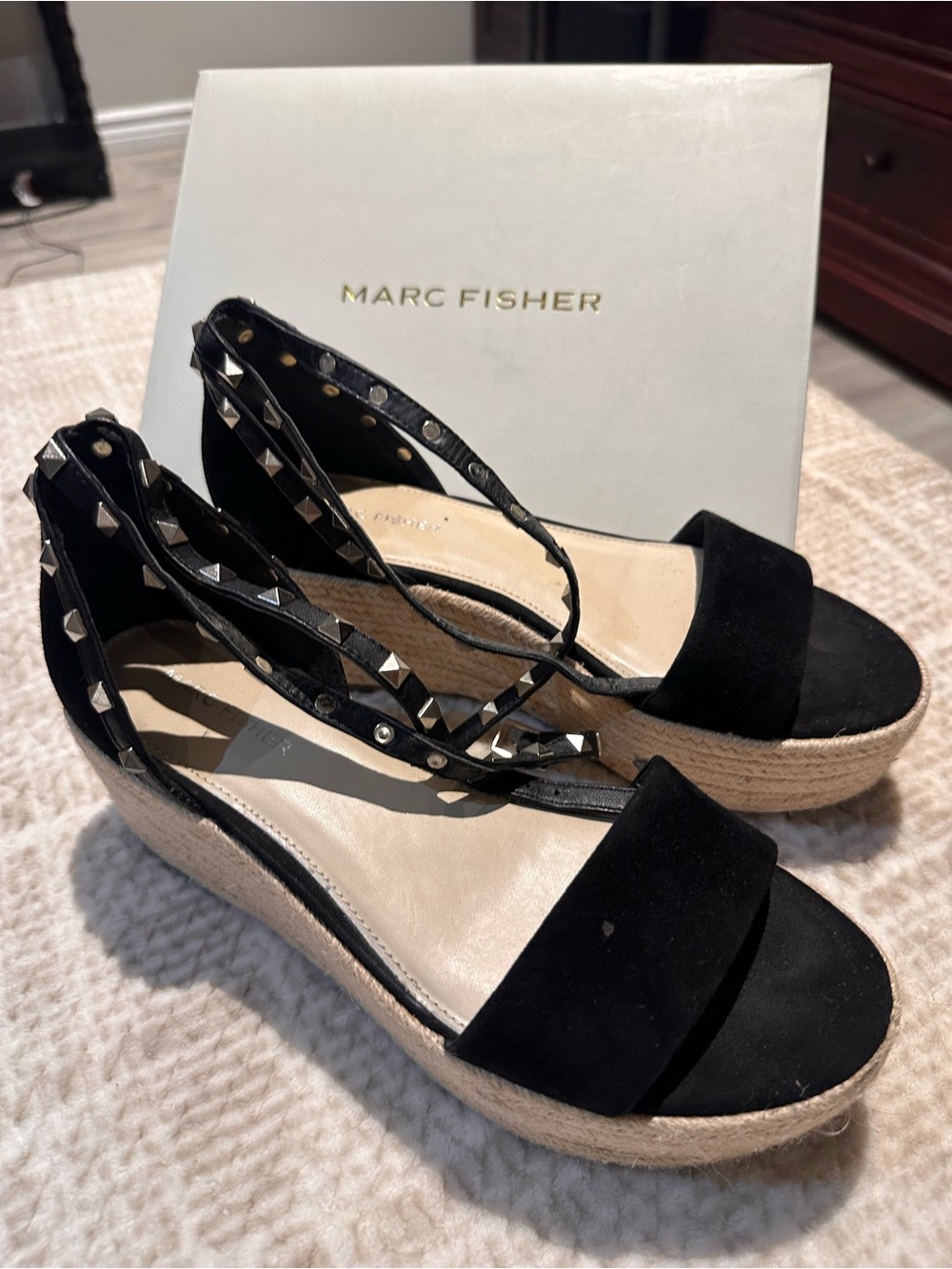 Marc Fisher Black Espadrille Wedge Sandals with Studded Ankle Straps
